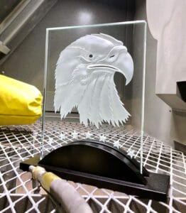etched bald eagle on glass